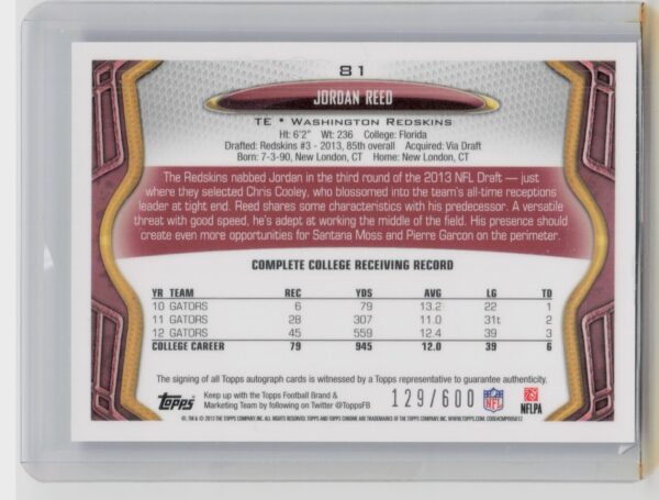 2013 Topps Chrome Jordan Reed AU SN600 #81 Redskins Rookie Autographs - Image 3