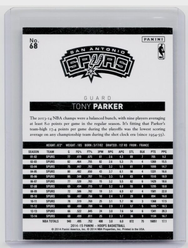 2014-15 Hoops Tony Parker Green #68 Spurs - Image 3