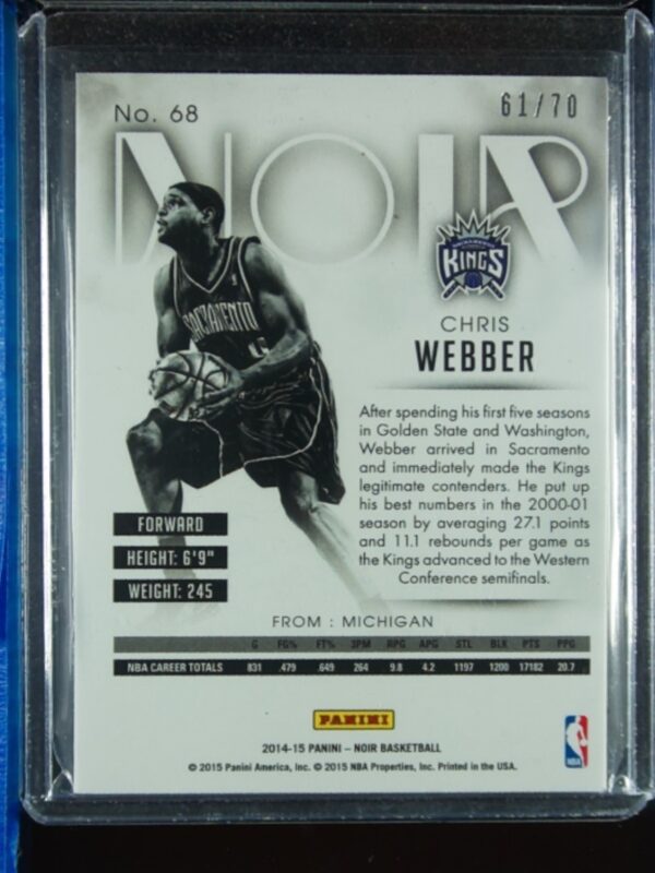 2014-15 Panini Noir Chris Webber SN70 #68 Kings - Image 3