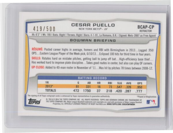 2014 Bowman Cesar Puello Auto /500 #BCAP-CP Mets Chrome Prospect Refractor - Image 3