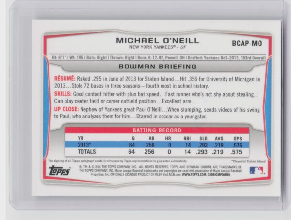 2014 Bowman Chrome Michael O'Neill Auto #BCAP-MO Yankees Prospect Autographs - Image 3