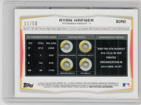 2014 Bowman Chrome Ryan Hafner SN50 #BCP63 Pirates Prospects Gold Refractors - Image 3