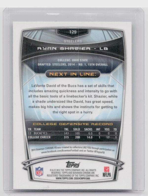 2014 Bowman Chrome Ryan Shazier RC #129 Steelers - Image 3