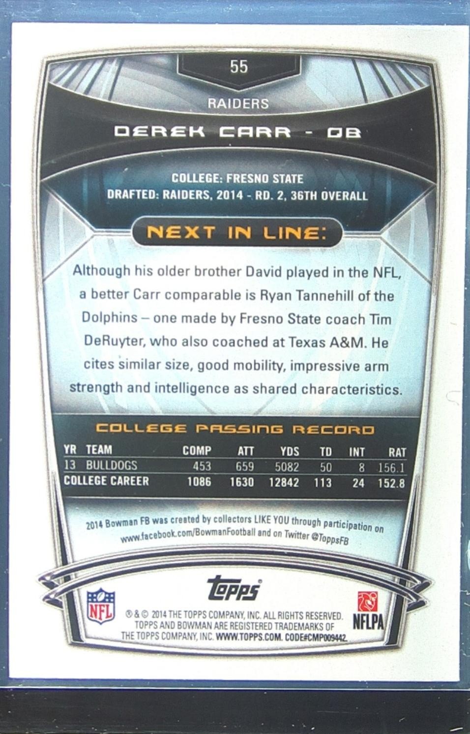 2014 Bowman Derek Carr Rookies RC #55 Raiders - Image 3