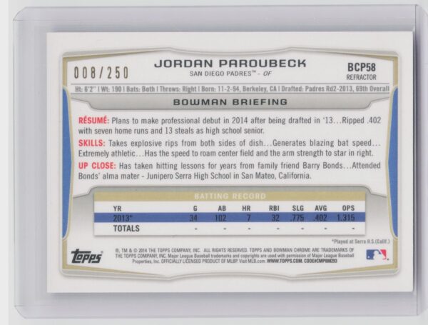 2014 Bowman Jordan Paroubeck /250 #BCP58 Padres Chrome Prospects Blue Refractor - Image 3