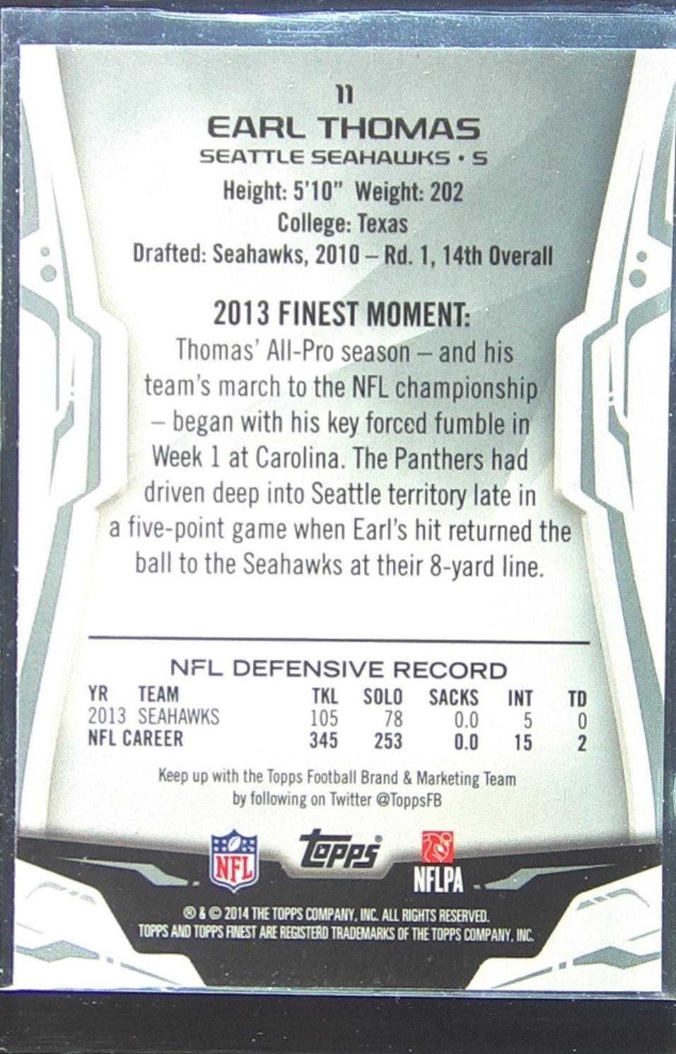 2014 Finest Earl Thomas Refractors #11 Seahawks - Image 3
