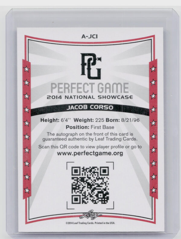 2014 Leaf Perfect Game Jacob Corso AU SN5 #A-JC1 Autographs Red - Image 3