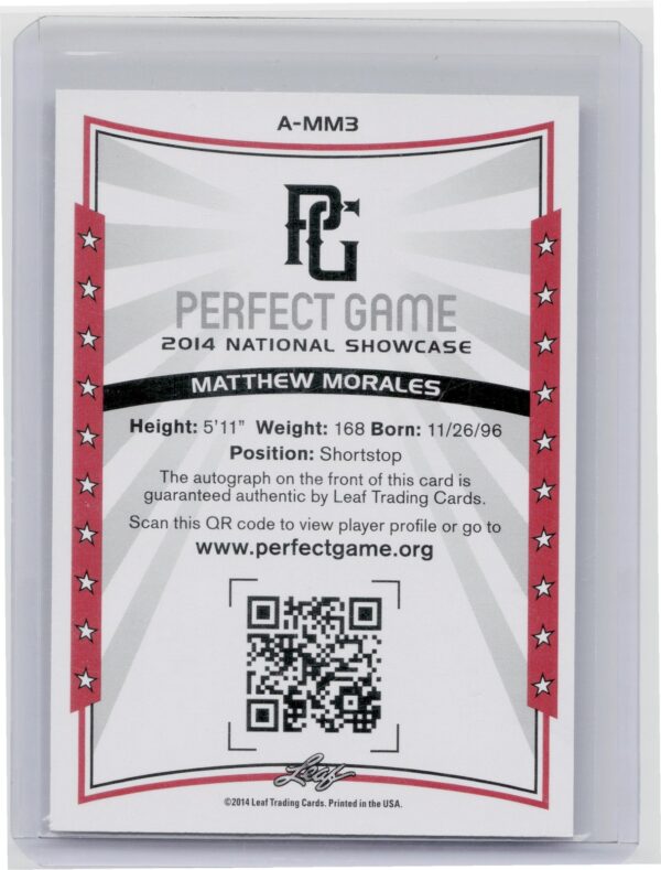 2014 Leaf Perfect Game Matthew Morales AU SN25 #A-MM3 Autographs Blue - Image 3