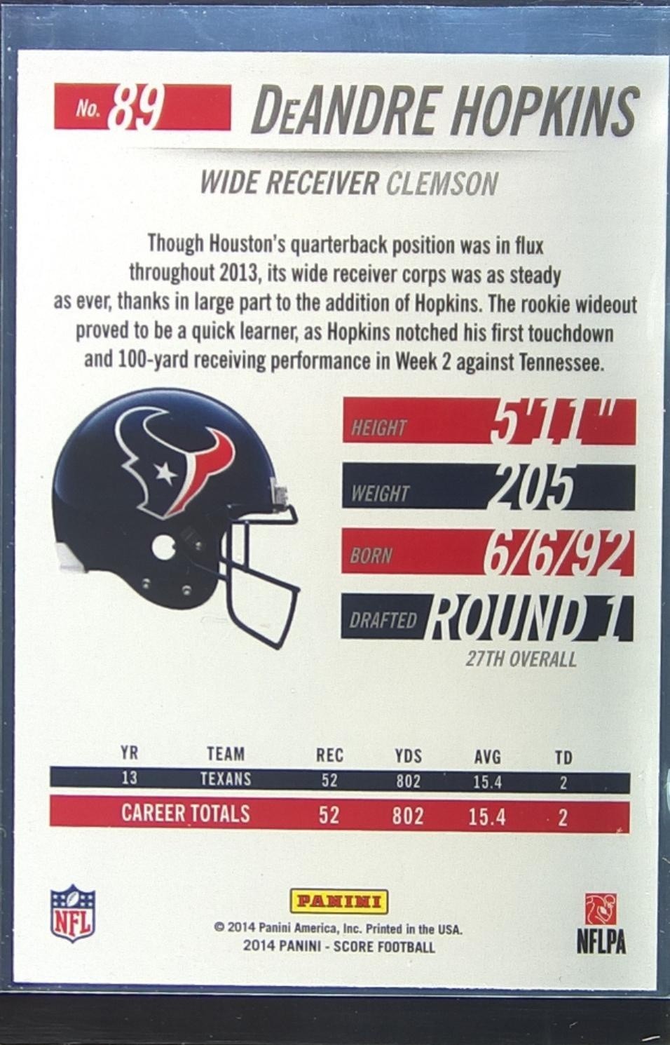 2014 Score DeAndre Hopkins Scorecard #89 Texans - Image 3