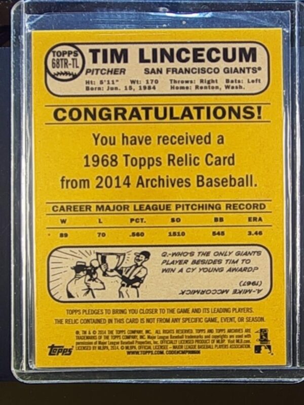 2014 Topps Archives Tim Lincecum JSY #68TR-TL Giants Relics - Image 3