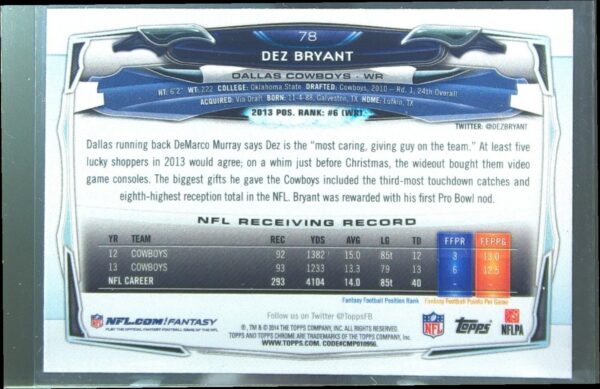 2014 Topps Chrome Dez Bryant Refractor #78 Cowboys - Image 3