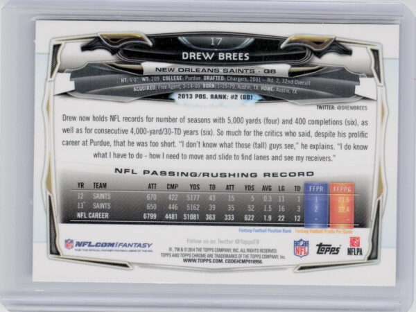 2014 Topps Chrome Drew Brees Green Refractor #17 Saints - Image 3