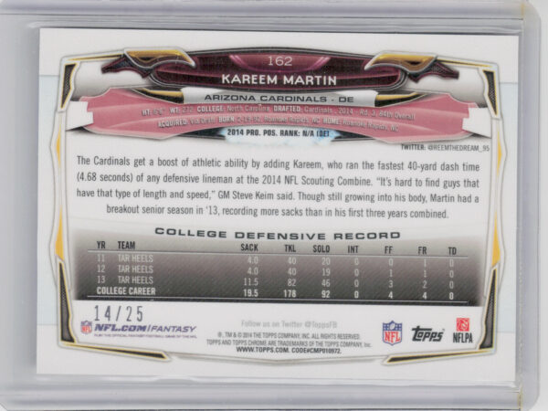 2014 Topps Chrome Kareem Martin Red Refractors SN25 #162 Cardinals - Image 3