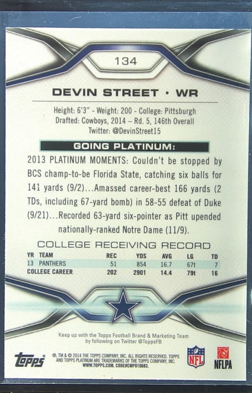 2014 Topps Platinum Devin Street Xfractors RC #134 Cowboys - Image 3