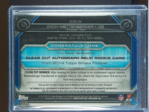 2014 Topps Strata Zach Mettenberger AUTO JSY #CCAR-ZM Titans - Image 3