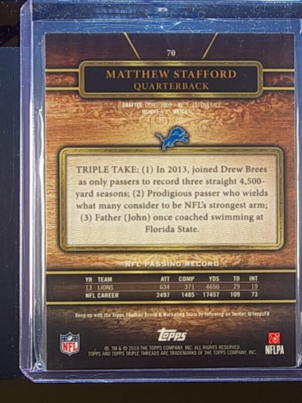 2014 Topps Triple Threads Matthew Stafford Emerald /199 #70 Lions - Image 3