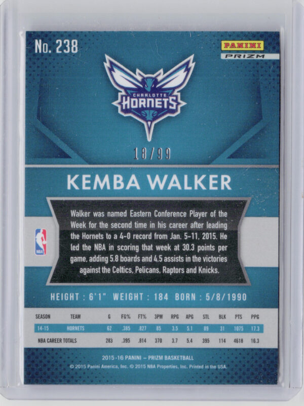2015-16 Panini Prizm Kemba Walker Purple Prizms SN99 #238 Hornets - Image 3