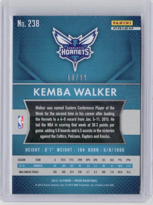 2015-16 Panini Prizm Kemba Walker Purple Prizms SN99 #238 Hornets - Image 3