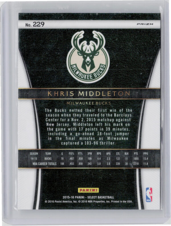 2015-16 Panini Select Khris Middleton Silver Prizms #229 Bucks - Image 3