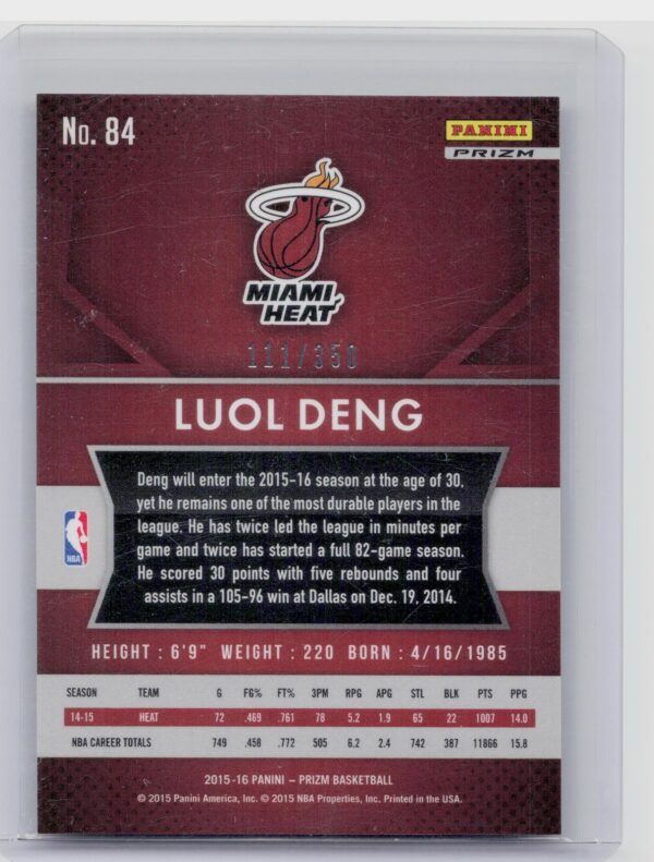 2015-16 Prizm Luol Deng Red Wave /350 #84 Heat - Image 3