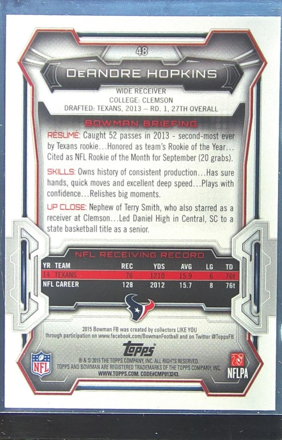 2015 Bowman DeAndre Hopkins Veterans Rainbow Black #48 Texans - Image 3