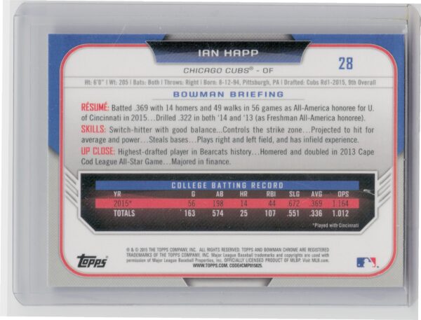 2015 Bowman Draft Ian Happ #28 Cubs - Image 3