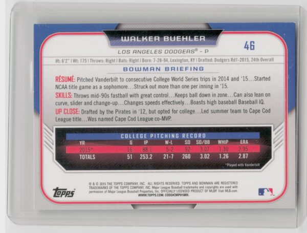 2015 Bowman Draft Walker Buehler #46 Dodgers - Image 3