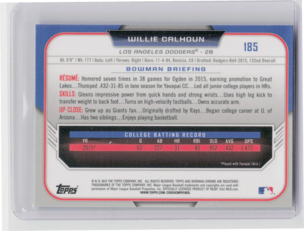 2015 Bowman Draft Willie Calhoun Chrome Blue Sky Refractors #185 Dodgers - Image 3