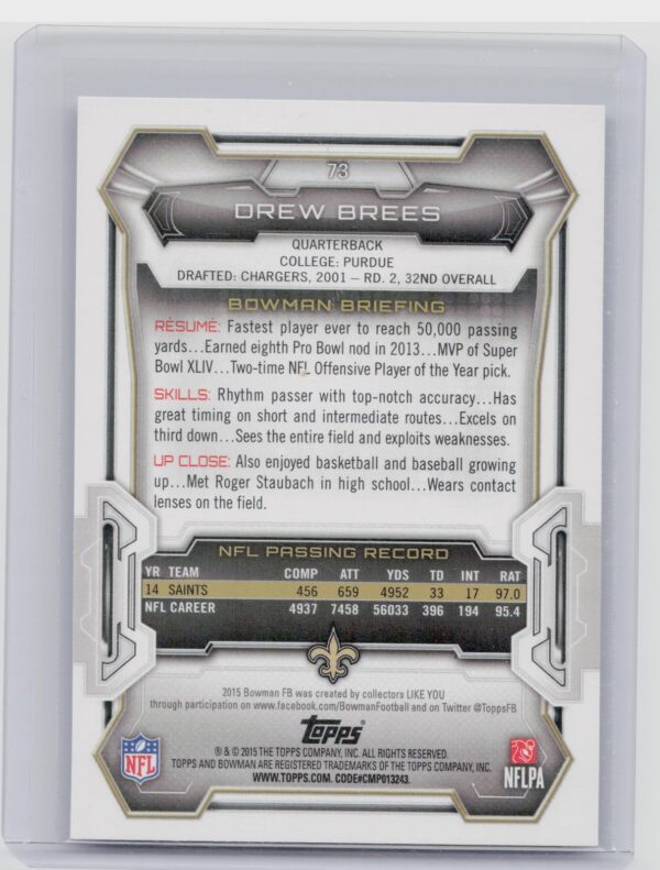 2015 Bowman Drew Brees Veterans Purple #73 Saints - Image 3