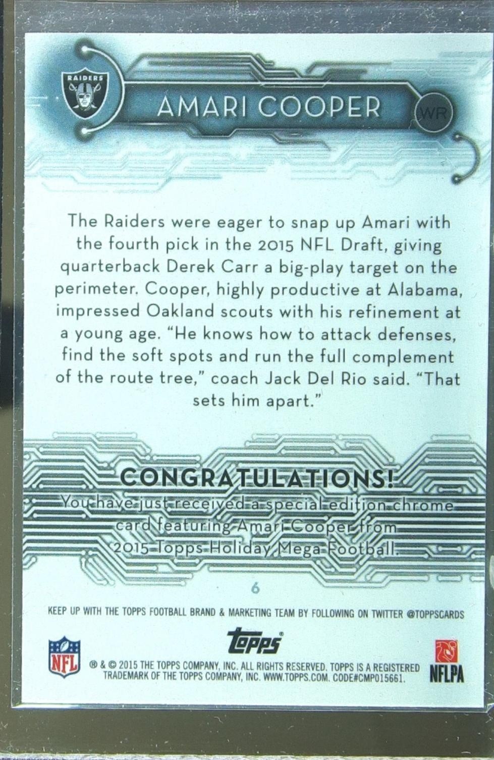 2015 Topps Amari Cooper RC #6 Raiders - Image 3