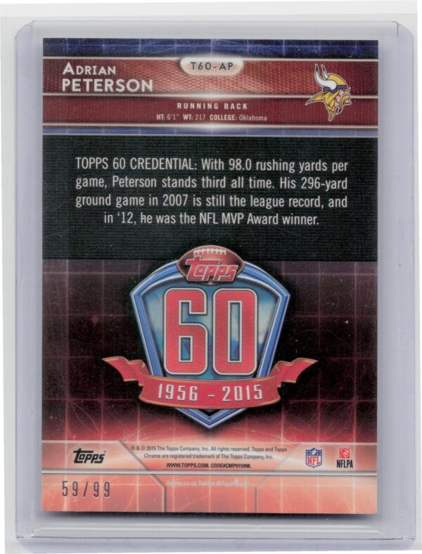2015 Topps Chrome Adrian Peterson /99 #T60-AP Vikings 60th Anniversary Refracto - Image 3