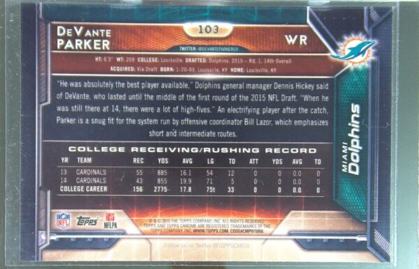 2015 Topps Chrome DeVante Parker Purple Refractor RC #103 Dolphins - Image 3