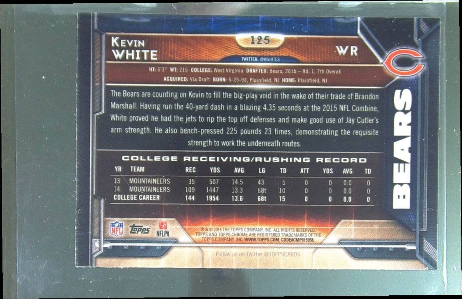 2015 Topps Chrome Kevin White RC Pulsar Refractor #125 Bears - Image 3