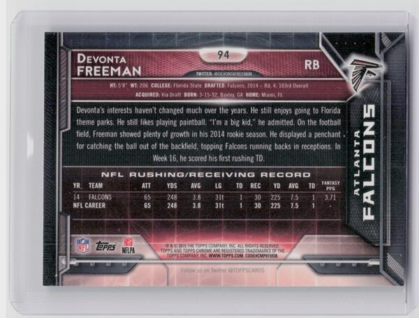 2015 Topps Chrome Mini Devonta Freeman Blue Refractors #94 Falcons - Image 3