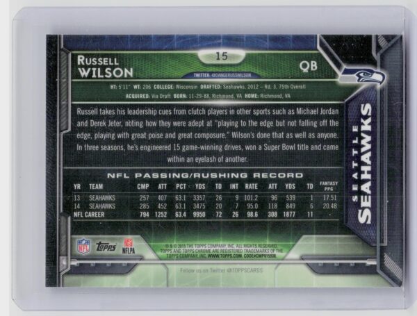 2015 Topps Chrome Russell Wilson Refractor #15 Seahawks - Image 3