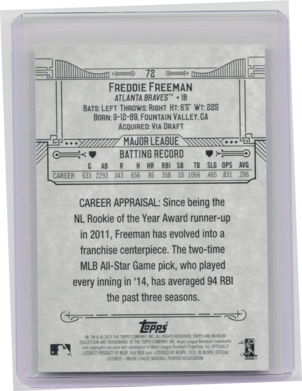 2015 Topps Museum Collection Freddie Freeman Blue SN99 #72 Braves - Image 3