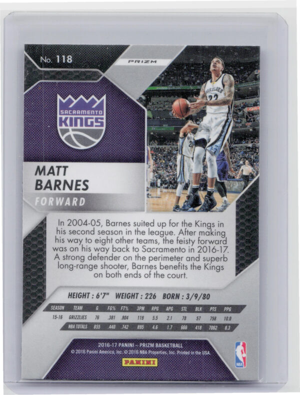 2016-17 Panini Prizm Matt Barnes Silver Prizms #118 Kings - Image 3