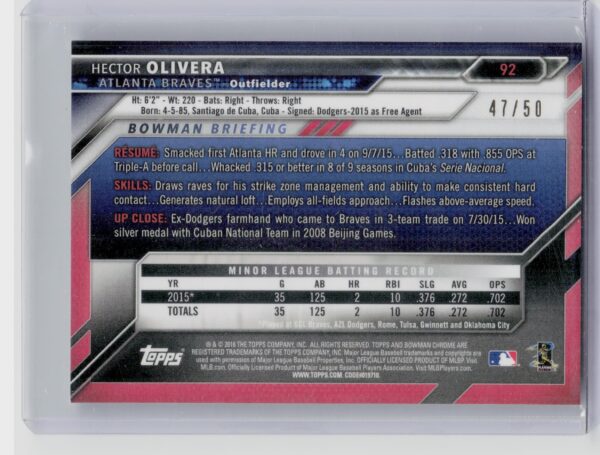 2016 Bowman Chrome Hector Olivera Gold Refractor SN50 #92 Braves - Image 3