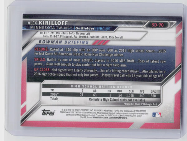 2016 Bowman Draft Alex Kirilloff #BD-90 Twins - Image 3