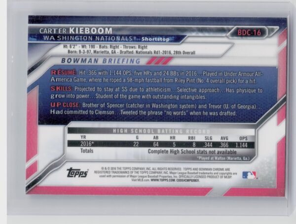 2016 Bowman Draft Carter Kieboom Chrome #BDC-16 Nationals - Image 3