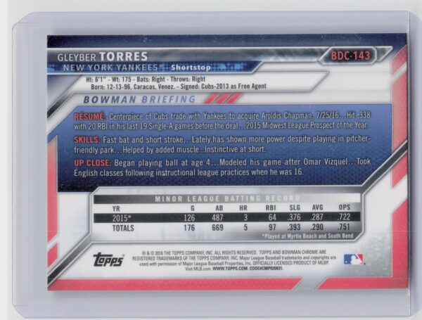 2016 Bowman Draft Gleyber Torres Chrome #BDC-143 Yankees - Image 3