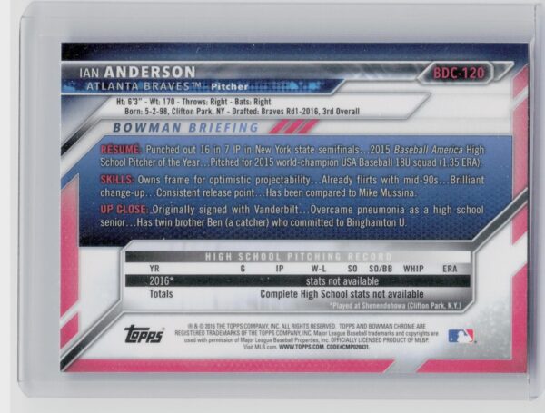 2016 Bowman Draft Ian Anderson Chrome Sky Blue Refractor #BDC-120 Braves - Image 3