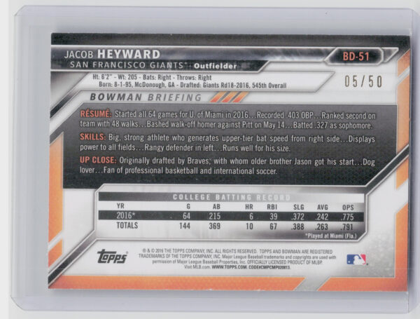 2016 Bowman Draft Jacob Heyward Gold Border SN50 #BD-51 Giants - Image 3