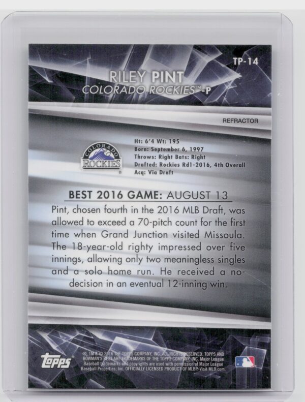 2016 Bowman's Best Riley Pint #TP-14 Rockies Top Prospects Refractor - Image 3