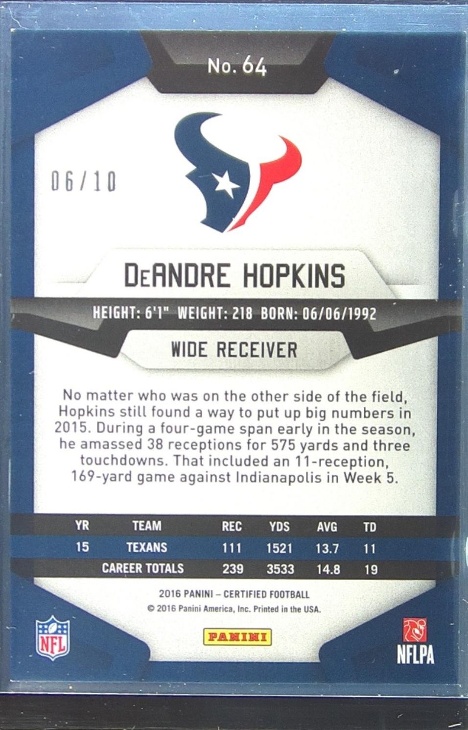 2016 Certified DeAndre Hopkins Mirror Purple /10 #64 Texans - Image 3
