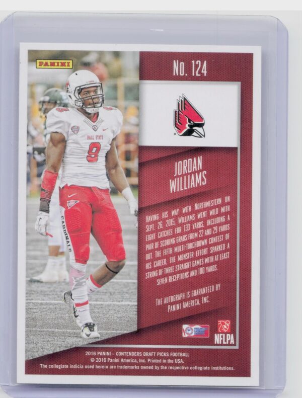 2016 Contenders Draft Picks Jordan Williams Bowl Ticket Auto /99 VAR #124 - Image 3