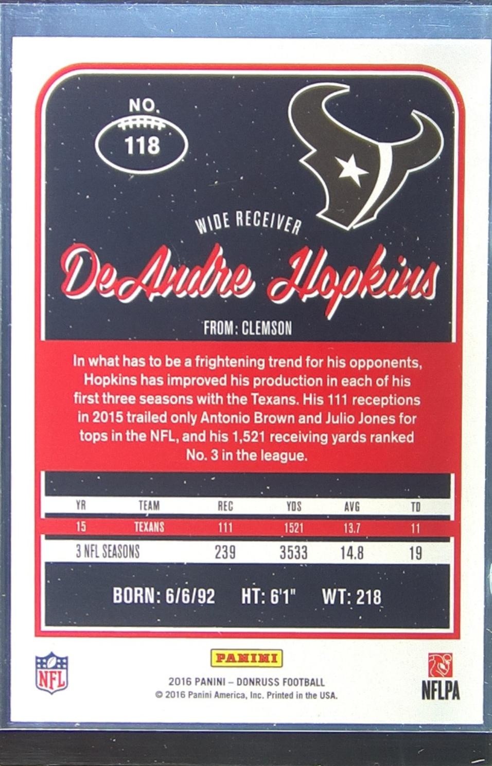 2016 Donruss DeAndre Hopkins Press Proof Red #118 Texans - Image 3