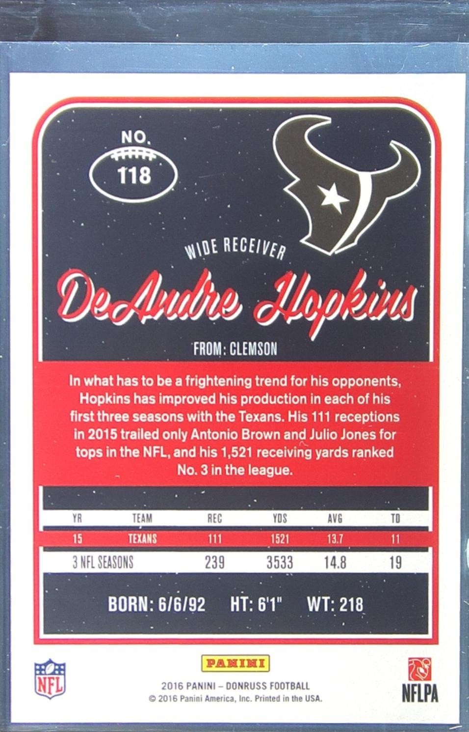 2016 Donruss DeAndre Hopkins Press Proof Silver /100 #118 Texans - Image 3