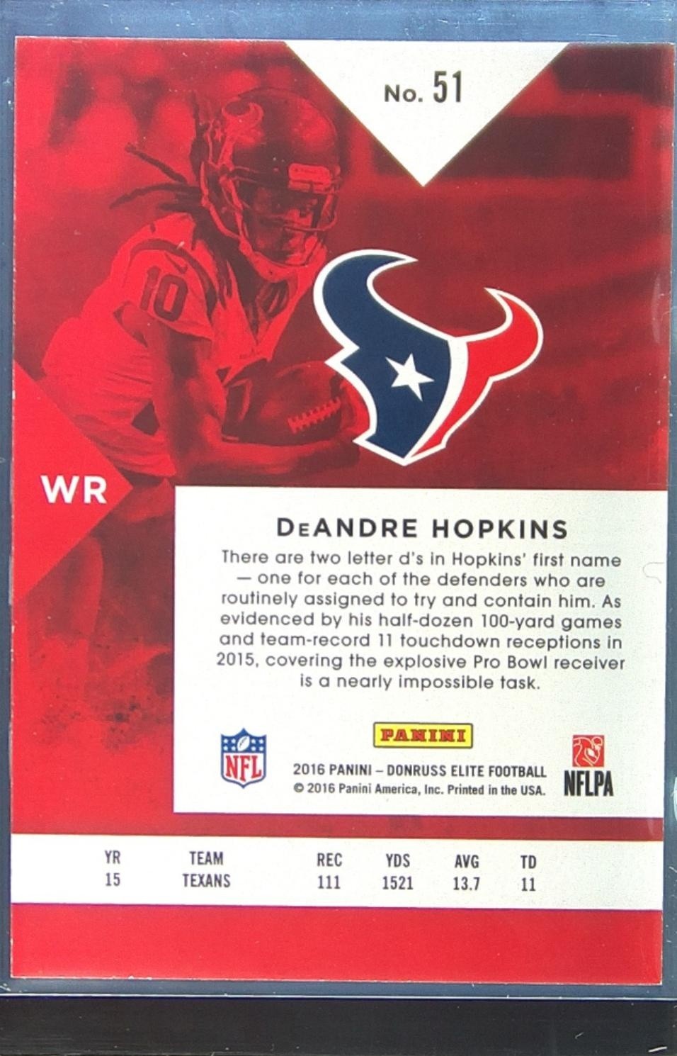 2016 Donruss Elite DeAndre Hopkins Green /99 #51 Texans - Image 3