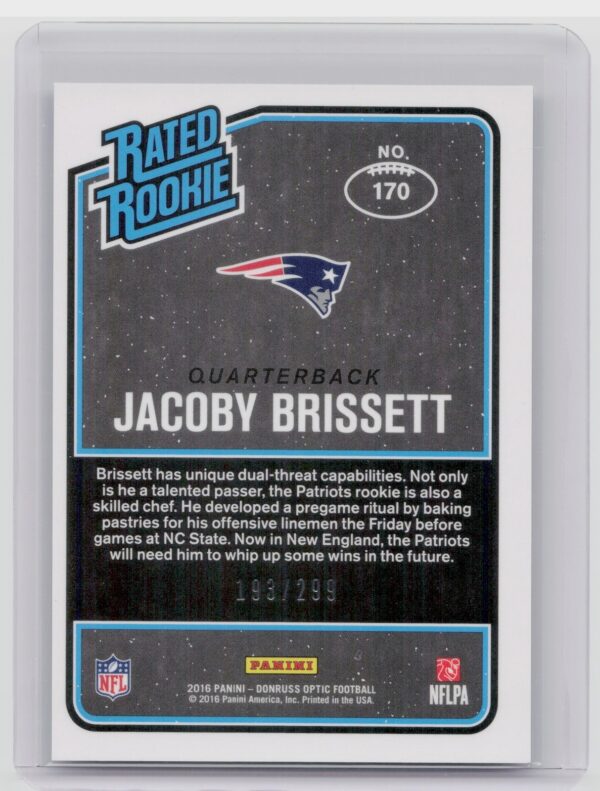2016 Donruss Optic Jacoby Brissett Aqua SN299 #170 Patriots - Image 3